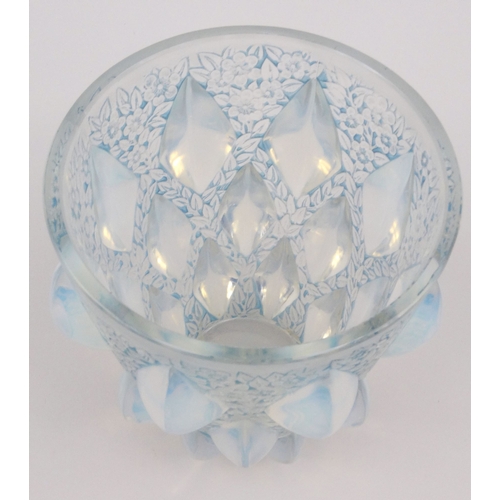 770 - Lalique Rampillion opalescent blue stained glass vase, etched Lalique mark to base, 12.5cm high