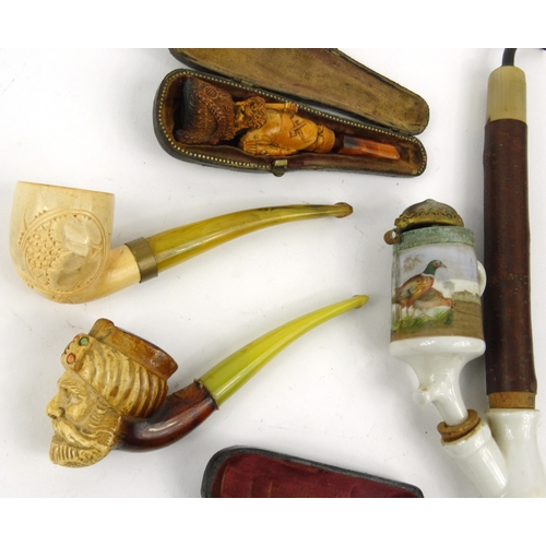 127 - Selection of smoking interest pipes including boxed Cossack example, the largest 25cm long