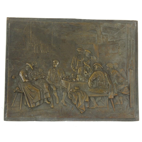 11 - Continental 19th century bronze plaque of a tavern scene, 20cm x 15cm