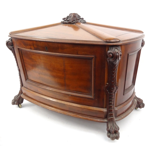 2 - Victorian mahogany wine cooler with floral and leaf carved top and lion paw feet, approximately 53cm... 