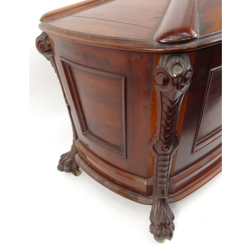 2 - Victorian mahogany wine cooler with floral and leaf carved top and lion paw feet, approximately 53cm... 