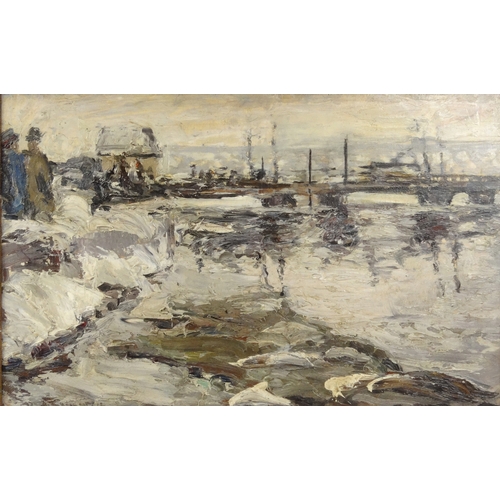 1122 - Abstract oil onto canvas of a bridge over a river, Emile Plesko paper label and Exhibition Internati... 