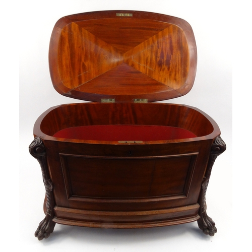 2 - Victorian mahogany wine cooler with floral and leaf carved top and lion paw feet, approximately 53cm... 