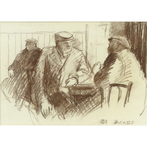 1198 - Pair of charcoal sketches of figures sitting in a café interior, after Ies Jacobs, signed, mounted a... 