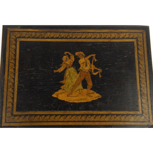 52 - Continental inlaid wooden box, the lid decorated with dancers, 24cm diameter