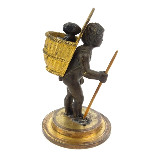 110 - Victorian smoking interest bronze vesta of a boy carrying a monkey pipe tamper in a basket, stamped ... 