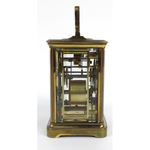 1304 - Victorian brass carriage clock striking on a gong, with original leather carrying case, 12cm high ex... 