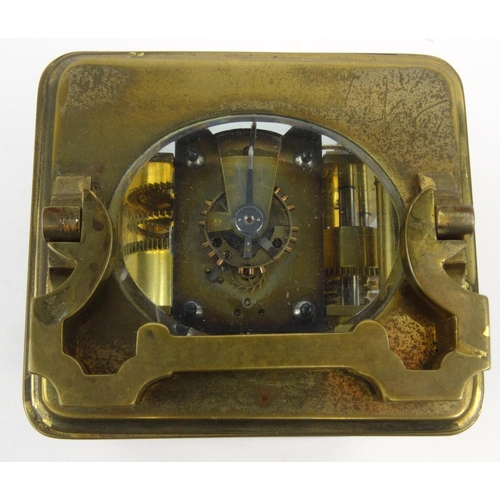 1304 - Victorian brass carriage clock striking on a gong, with original leather carrying case, 12cm high ex... 