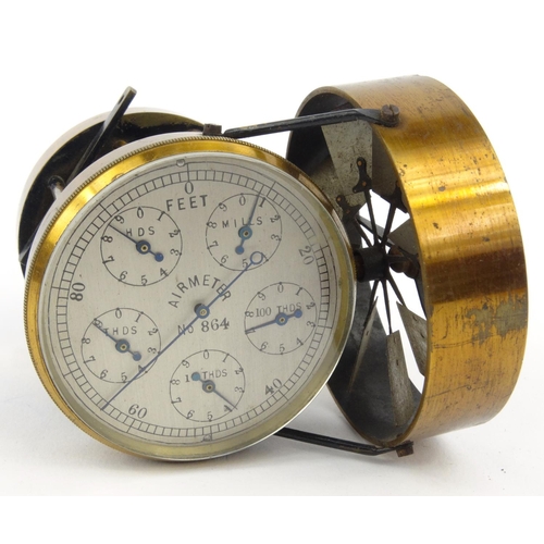 14 - Brass air meter with silvered dial in original wooden carrying box, number 864, 9cm high