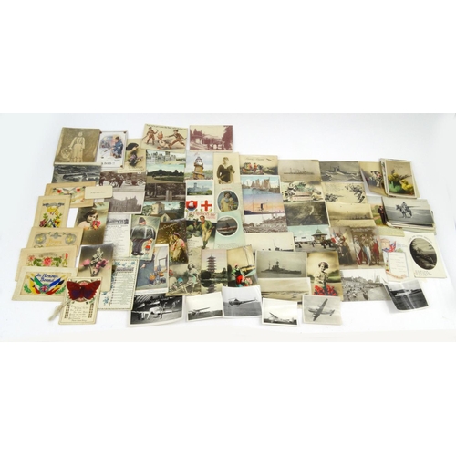 248 - Selection of military interest postcards including World War I silk examples, battleships, etc, toge... 