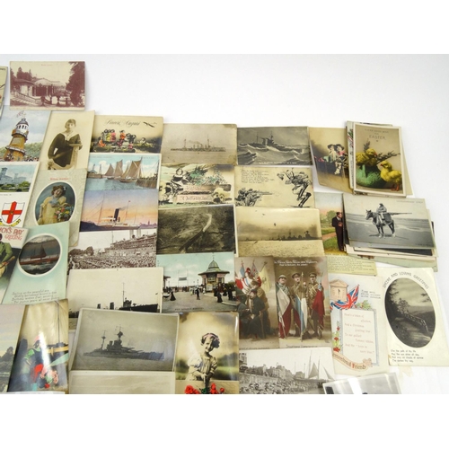 248 - Selection of military interest postcards including World War I silk examples, battleships, etc, toge... 