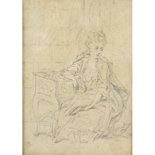 1321 - Jean-Baptiste Greuze - Pencil sketch onto paper of a seated lady, with John Manning label to the rev... 