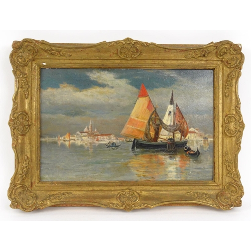 1343 - Oil onto board view of a Venetian scene, ornately gilt framed, 35cm x 22.5cm excluding the frame