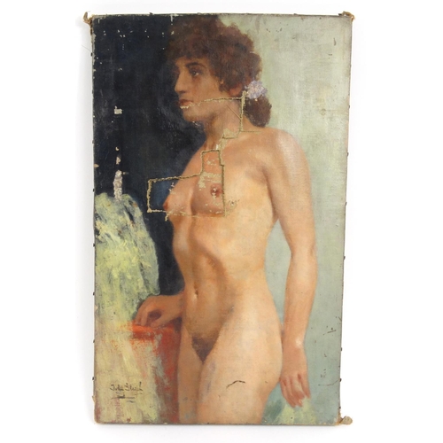 1337 - John Gleich - Unframed oil onto canvas of a nude lady standing, signed, 55.5cm x 34cm