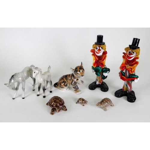 118 - Group of collectable china and glassware comprising two Murano clowns, two Beswick horses, USSR tige... 