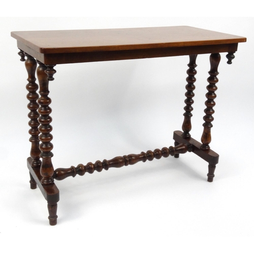 53 - Inlaid walnut stretcher table with bobbin turned legs, 69cm high x 87cm wide x 43cm deep