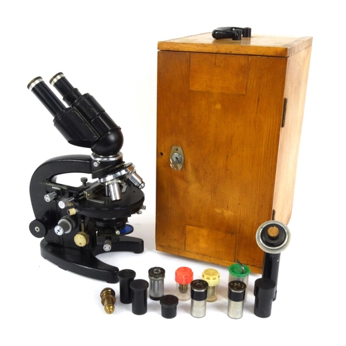 15 - Russian microscope with extra lenses including some C. Baker of London examples, housed in a fitted ... 