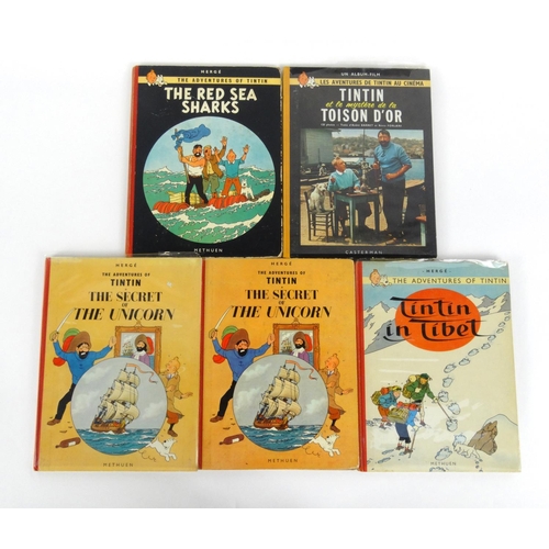 264 - Group of five hardback Tintin books including two first editions - The Adventures of Tintin, The Red... 