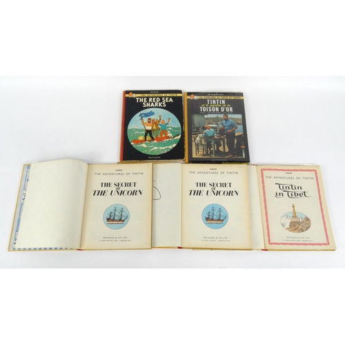 264 - Group of five hardback Tintin books including two first editions - The Adventures of Tintin, The Red... 