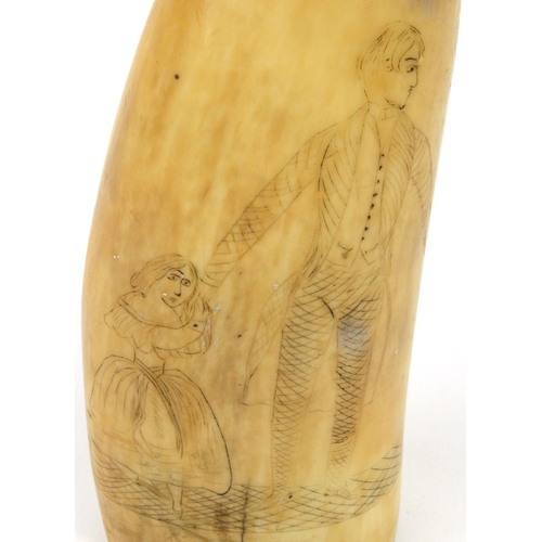 2 - Scrimshaw whales tooth decorated with a lady and gentleman, 14.5cm high
