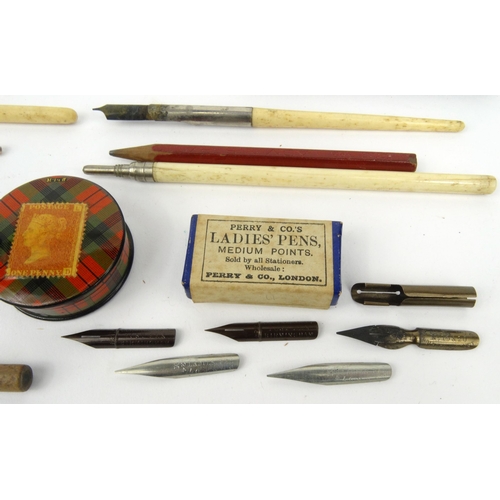 107 - Tartan ware stamp box, selection of bone handled dip pens, ivory letter opener, wooden handled scalp... 