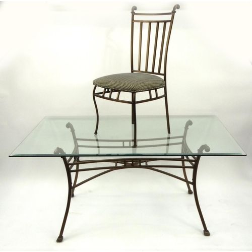 10 - Contemporary bronzed metal dining table with glass top with six chairs, the table 77cm high x 168cm ... 