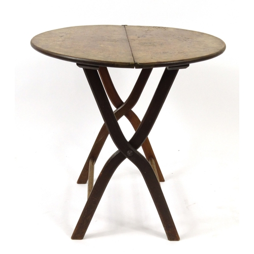 51 - Circular burr walnut folding picnic table, 64cm high x 63cm diameter