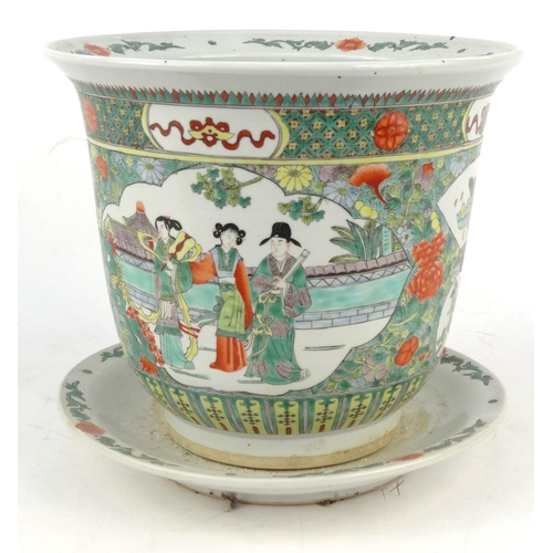 31 - Oriental Chinese porcelain planter and a stand hand painted with flowers, figures and fruit, 34cm hi... 