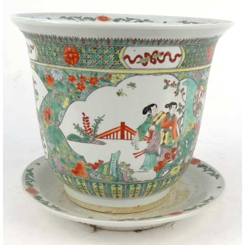 31 - Oriental Chinese porcelain planter and a stand hand painted with flowers, figures and fruit, 34cm hi... 