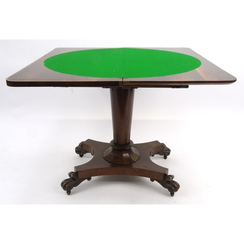 8 - Victorian rosewood card table, with scroll feet, 72cm high x 90cm square