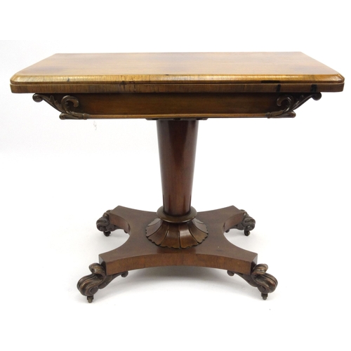 8 - Victorian rosewood card table, with scroll feet, 72cm high x 90cm square