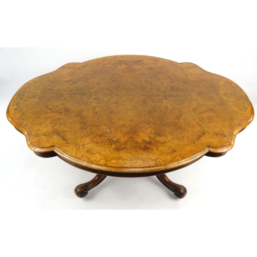 1 - Victorian burr walnut quarter veneered breakfast table with tilting shaped top and carved base, 72cm... 