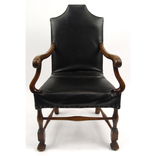 59 - Mahogany framed elbow chair with black leatherette upholstery