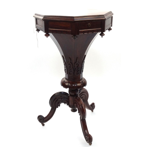 15 - Victorian rosewood trumpet shaped sewing box with fitted interior and C scroll feet, 77cm high