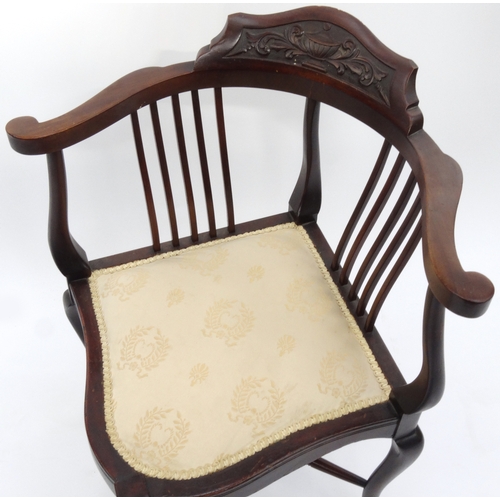 48 - Edwardian carved mahogany corner chair with upholstered seat