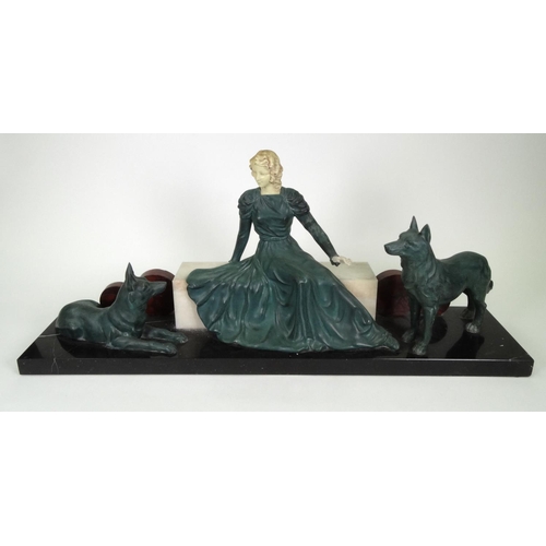 45 - Large Art Deco style marble, onyx and spelter figure with dogs, 79cm long