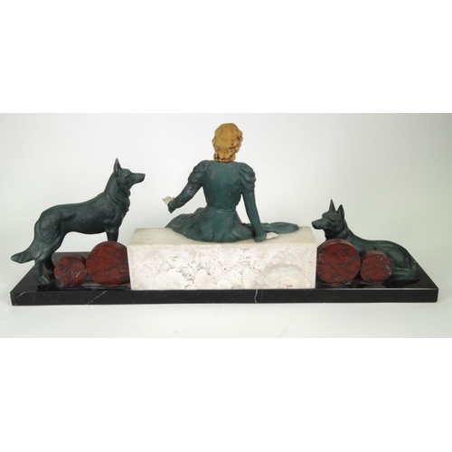 45 - Large Art Deco style marble, onyx and spelter figure with dogs, 79cm long