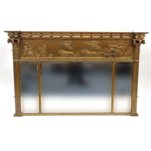 7 - Regency style gilt overmantel mirror, relief decorated with  classical scene of figures being pulled... 