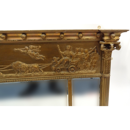 7 - Regency style gilt overmantel mirror, relief decorated with  classical scene of figures being pulled... 