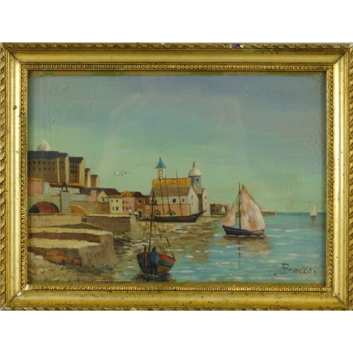 443 - Three oil paintings of a harbour, barn interior and one of cats