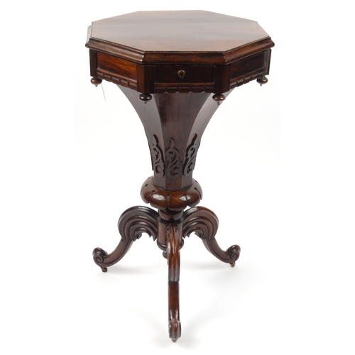 15 - Victorian rosewood trumpet shaped sewing box with fitted interior and C scroll feet, 77cm high
