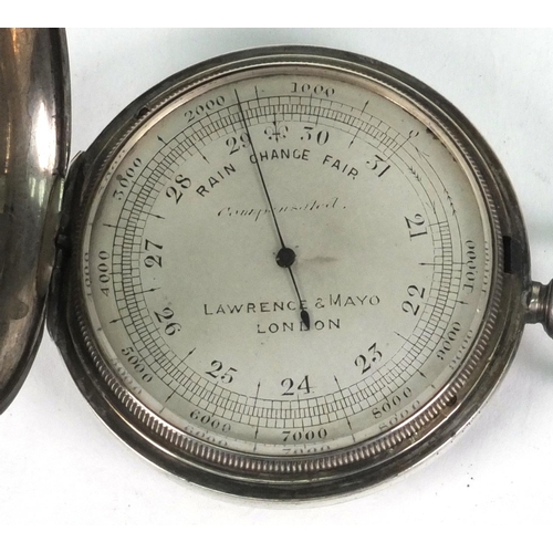 11 - Victorian silver cased compensated pocket barometer, Lawrence & Mayo London 1892, 5cm diameter