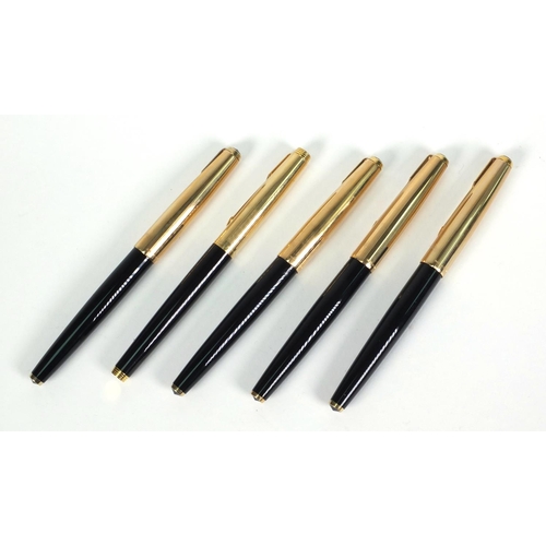 83 - Five Parker fountain pens, each 13.5cm long