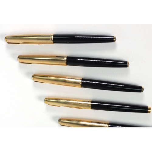 83 - Five Parker fountain pens, each 13.5cm long