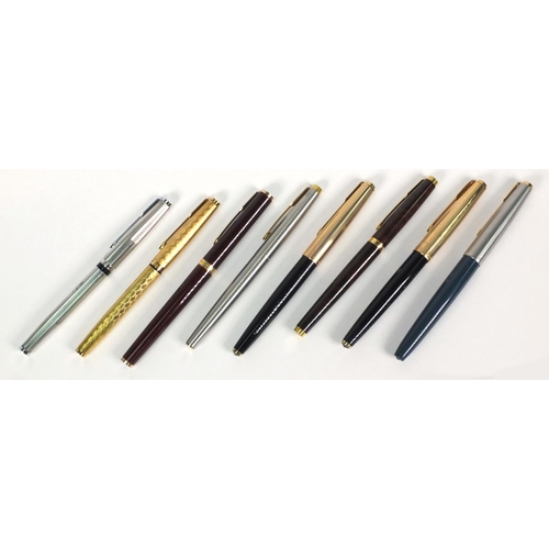 85 - Eight assorted Parker fountain pens, the largest 13.5cm long