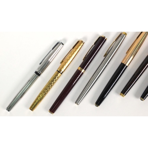 85 - Eight assorted Parker fountain pens, the largest 13.5cm long