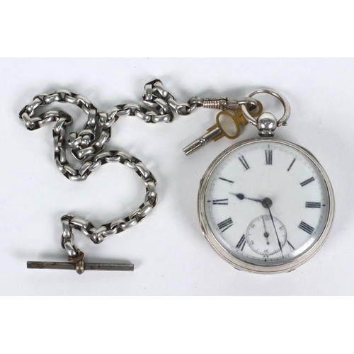 1293 - Adam Burdess silver gentleman's open faced pocket watch, 5cm diameter, on a white metal chain, appro... 