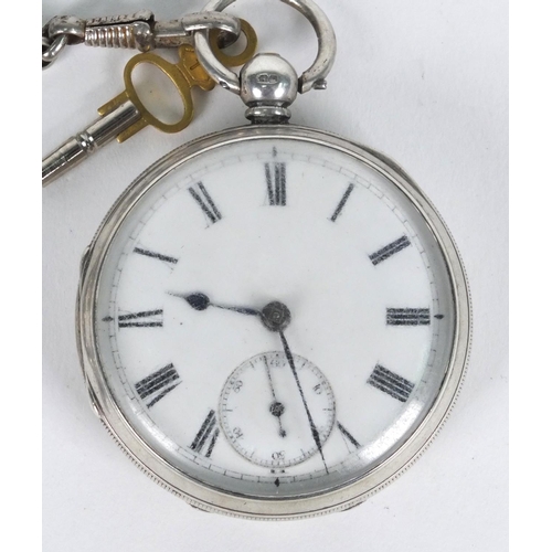 1293 - Adam Burdess silver gentleman's open faced pocket watch, 5cm diameter, on a white metal chain, appro... 