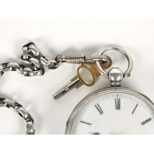 1293 - Adam Burdess silver gentleman's open faced pocket watch, 5cm diameter, on a white metal chain, appro... 