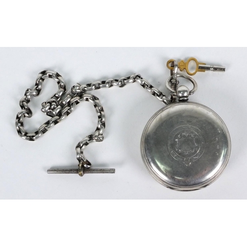 1293 - Adam Burdess silver gentleman's open faced pocket watch, 5cm diameter, on a white metal chain, appro... 